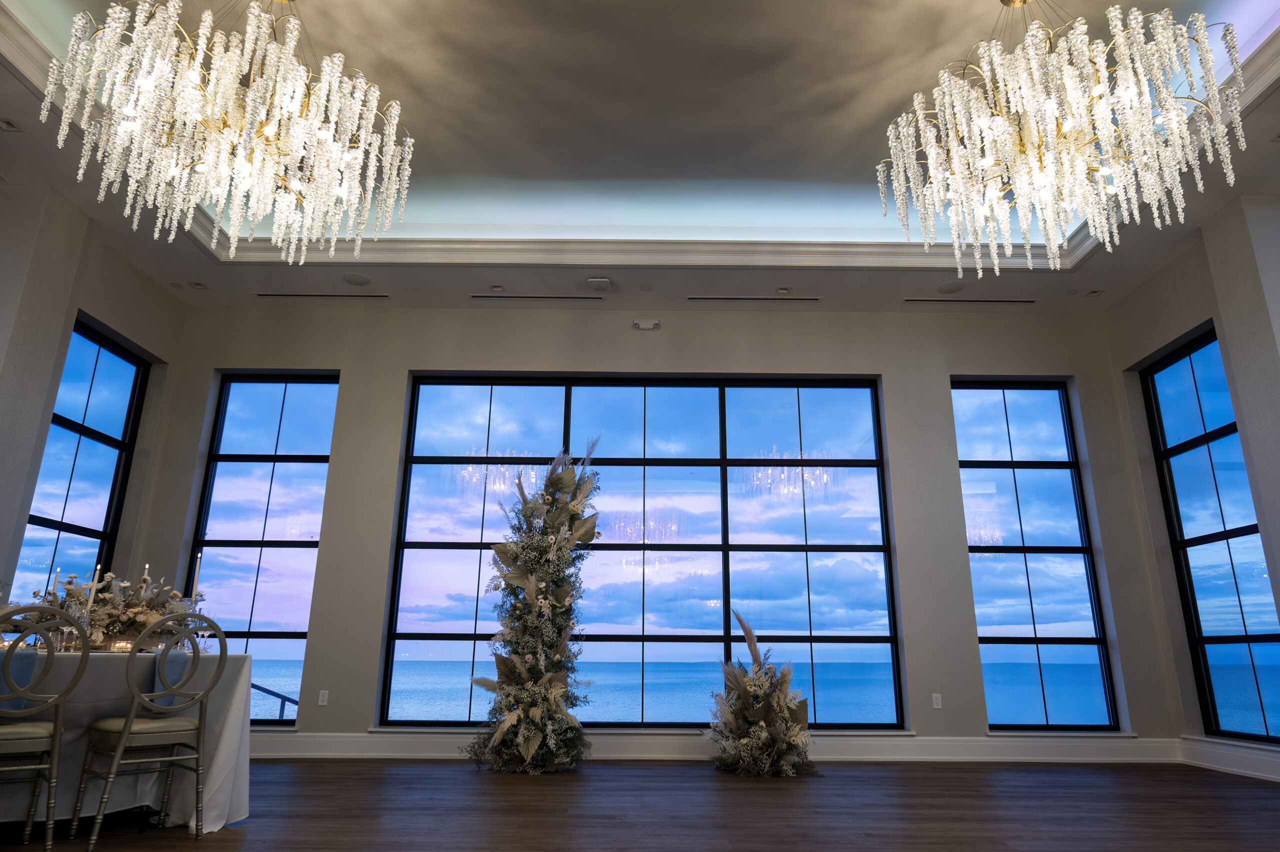 View of sunset at Tyde at Walnut Beach from inside